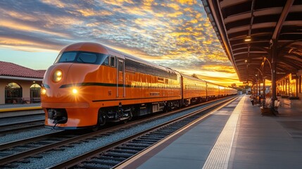 Vintage orange train at sunset station platform.