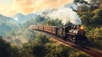 Obraz premium Vintage steam train journey through lush green tropical rainforest mountain landscape at sunset.