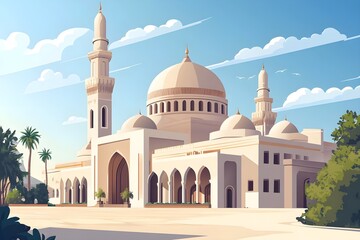 cartoon islamic mosque vector illustration. background for ramadan kareem, mosque, illustration, architecture, religion, design, minaret, landmark, building, travel, heritage, india, spirituality