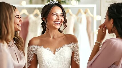 Bride to be at fitting room with friends and consultant