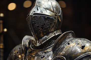Detailed close-up of a medieval knight in armor with a sword, showcasing intricate design elements and battle wear, highlighting a historical theme