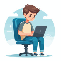 a boy is using his laptop vector