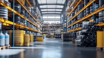 A professional display of high-quality automotive and road construction materials in the warehouse in the factory