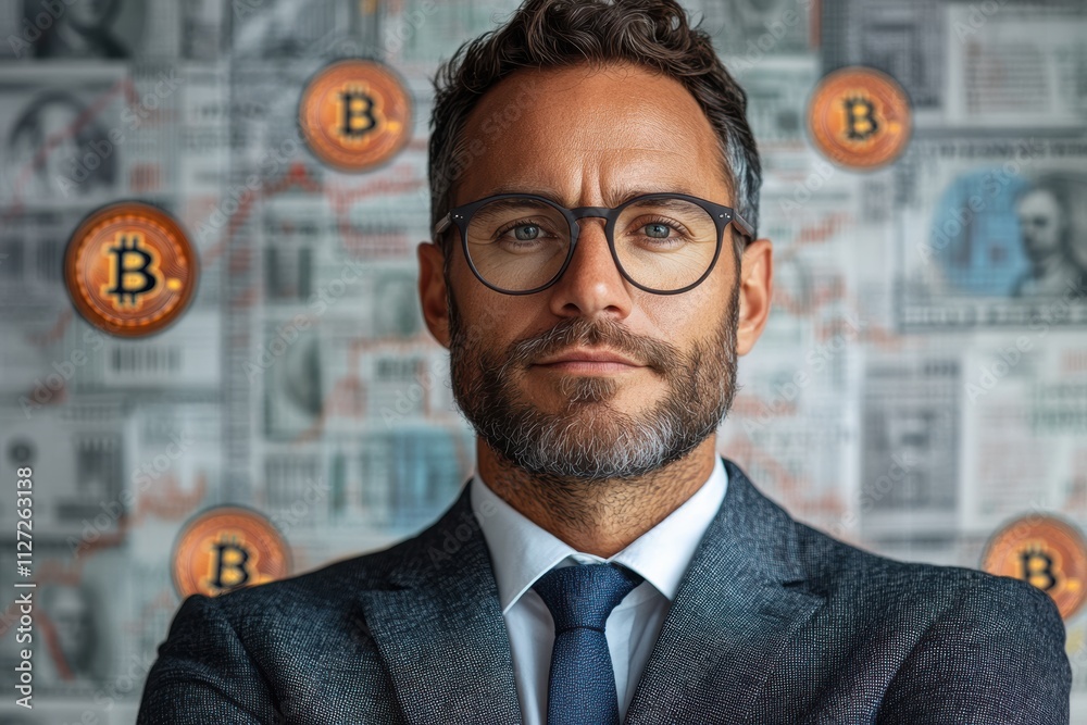 Poster modern businessman standing confidently with bitcoin and dollar symbols creating a vibrant and abstr