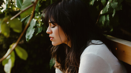 Serenity unfolds as sunlight filters through lush foliage, casting a gentle glow on a pensive figure lost in thought amid natures tranquility.