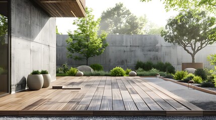 Modern Zen Garden Design: Tranquil Outdoor Space with Concrete Walls and Wooden Deck
