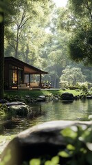 Obraz premium A serene lakeside view featuring a modern cabin amidst lush greenery.