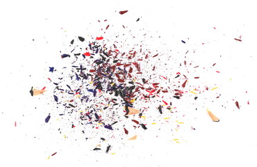 Colorful pencil tip shavings from sharpener, isolated on white background and texture, clipping path	