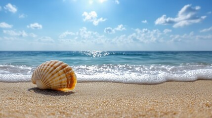 Obraz premium Serene beach scene with a shell on golden sand and blue sky