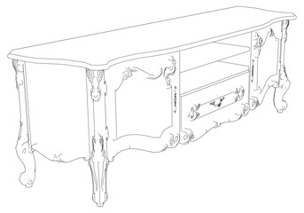 Elegant antique sideboard furniture and home interior decorations in trendy vintage retro style. Modern hand drawn black sketch vector illustrations isolated on white background