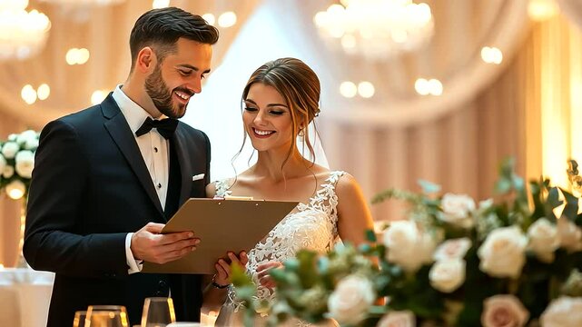 Couple Planning Wedding Decor in Elegant Venue Setting