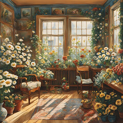 PAINTING OF A ROOM FULL OF FLOWERS 
