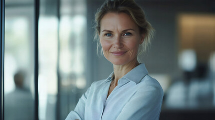 Fototapeta premium Confident successful businesswoman posing with crossed arms in a modern office