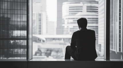 Reflection captures a solitary figure gazing out at an expansive cityscape, surrounded by towering skyscrapers that embody urban ambition and solitude.