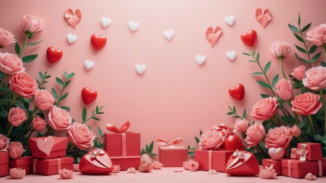 A pink background with a bunch of red roses and hearts. There are also red boxes with a bow on them