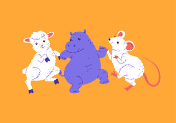 Cute sheep, hippopotamus and mouse dancing together, vector cartoon animals have fun on disco party, music entertainment