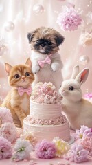 Adorable Pets with Birthday Cake Kitten, Puppy, and Bunny Celebrate