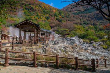 Unzen Jigoku, or Unzen Hell, located on Mount Unzen inside Unzen National Park, an active volcano in the center of Shimabara Peninsula, famous for Onsen in Nagasaki, Japan