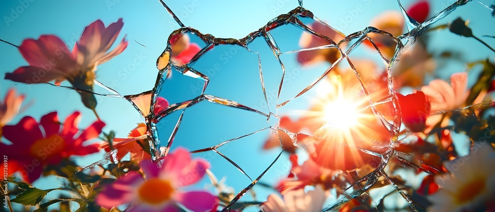 Aufkleber shattered glass heart frame surrounded by colorful flowers and bright sunlight creating a unique nat