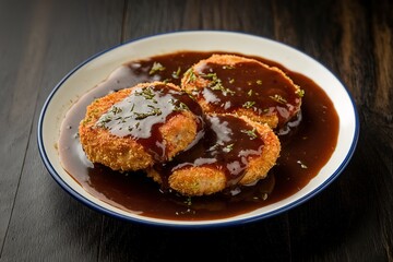 A photo of a plate with chicken cutlets stewed in gravy