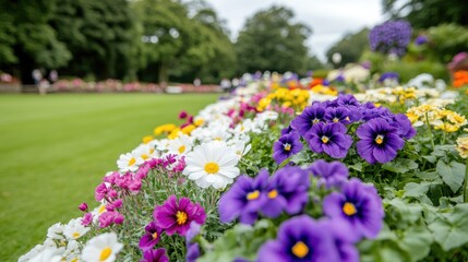 Obraz premium Vibrant flower bed in a park features a mix of colorful tulips, daisies, and petunias against lush green grass, enhancing the beauty of an outdoor garden party setting
