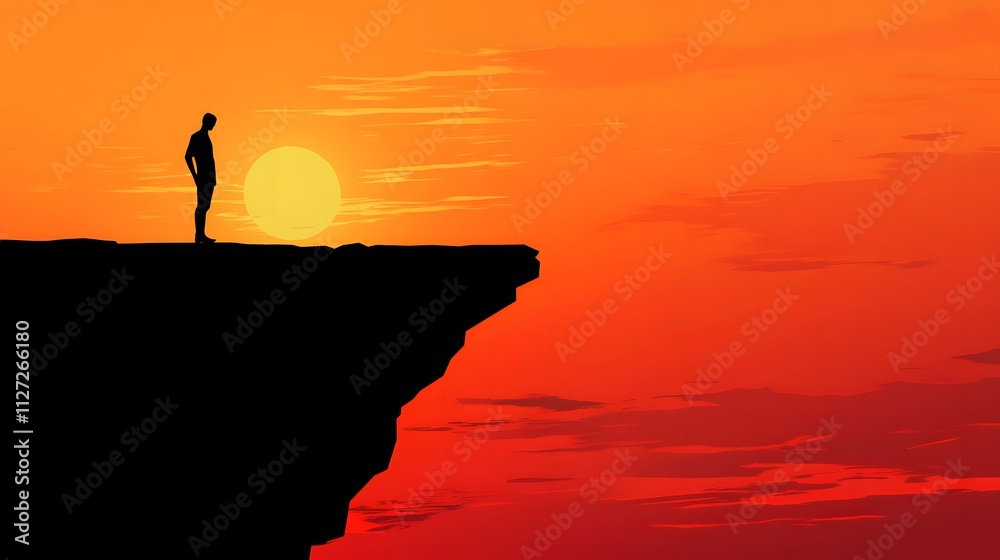 Poster a thoughtful silhouette of a man on the edge of a cliff against a dramatic sunset with vibrant orang