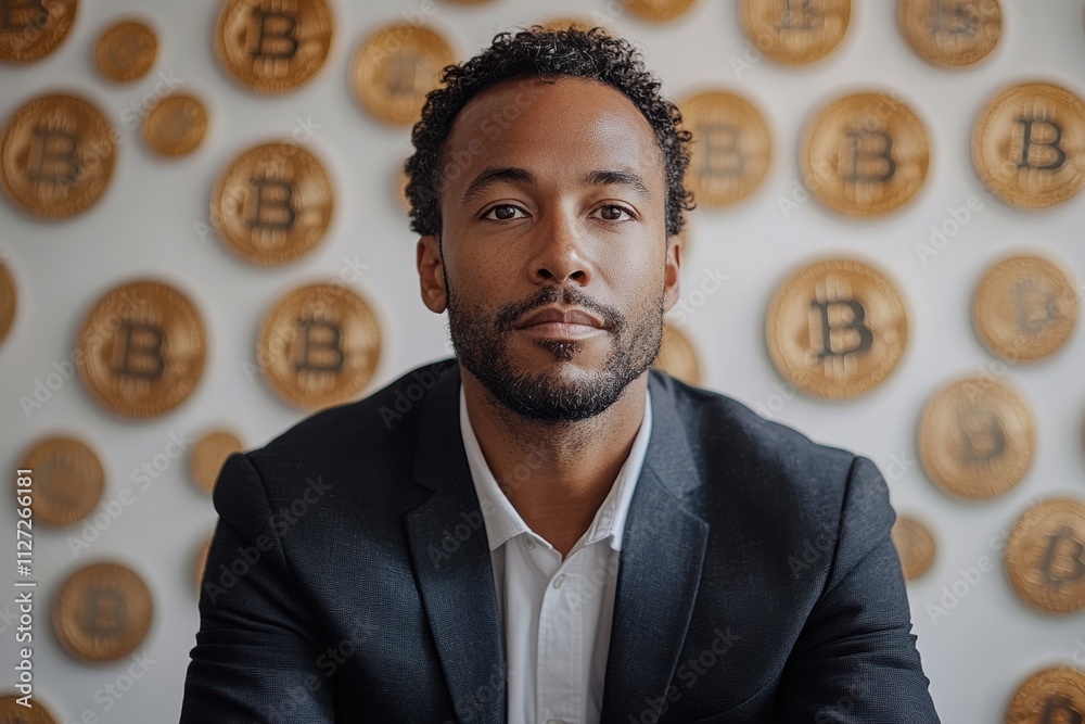 Poster modern cryptocurrency campaign featuring a professional man with floating bitcoin icons.