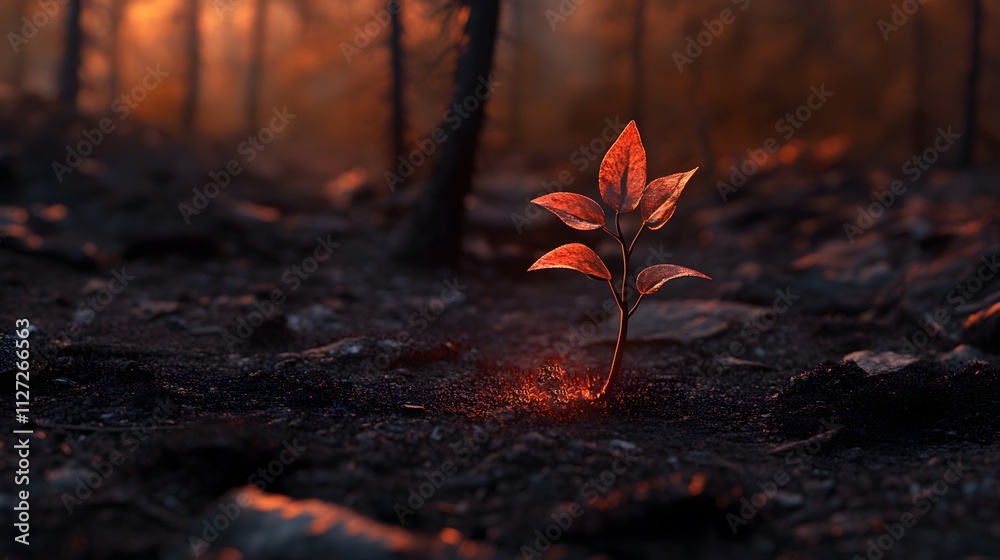 Poster a delicate seedling emerging from dark soil with a warm glow in a serene forest at dusk, symbolizing