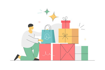 Merry Christmas and Happy New Year. Holiday. Character decorating, packing gifts boxes and preparing to holidays. Flat Cartoon Vector Illustration, icon. Stylish abstract Colorful