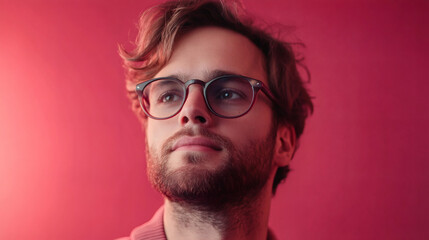Obraz premium Moment of contemplation and inspiration: a thoughtful male designer wearing eyeglasses looking up on a vibrant pink background