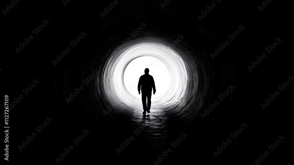 Aufkleber a solitary figure walks through a dark tunnel, illuminated by a bright light at the end, symbolizing