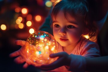 Fototapeta premium Enchanting Moment: Child Gazing at Glowing Orb with Colorful Bokeh Lights in Background