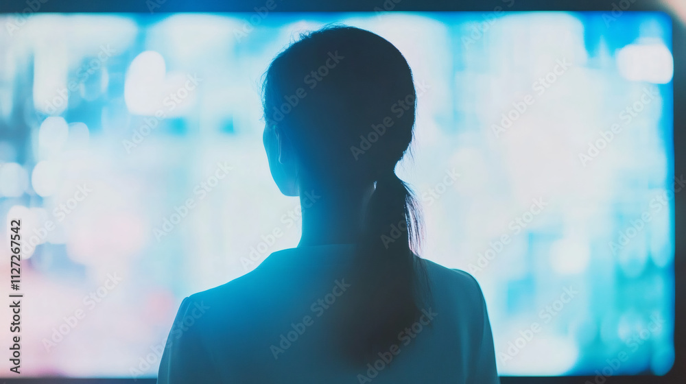 Poster silhouette of a businesswoman gazing at a large interactive screen displaying data analysis charts