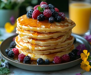 Sweet stack of fluffy pancakes with fresh berries and golden syrup, a delightful breakfast treat