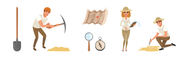Man and Woman at Archaeological Excavation with Tools Vector Set © topvectors