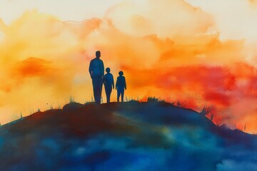 Silhouetted Family Standing on Hilltop Against Vibrant Sunset Sky