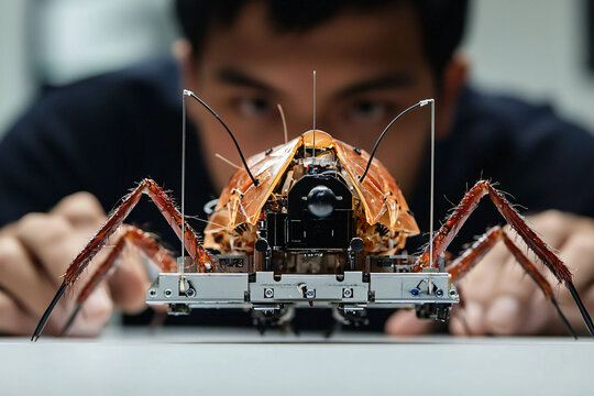 biomimetic robotics researcher testing insect-inspired locomotion prototype