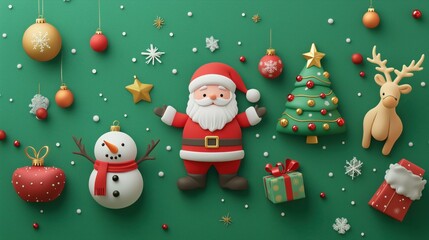 Santa Claus with a Christmas tree and gifts surrounded by holiday decorations in a snowy winter setting.