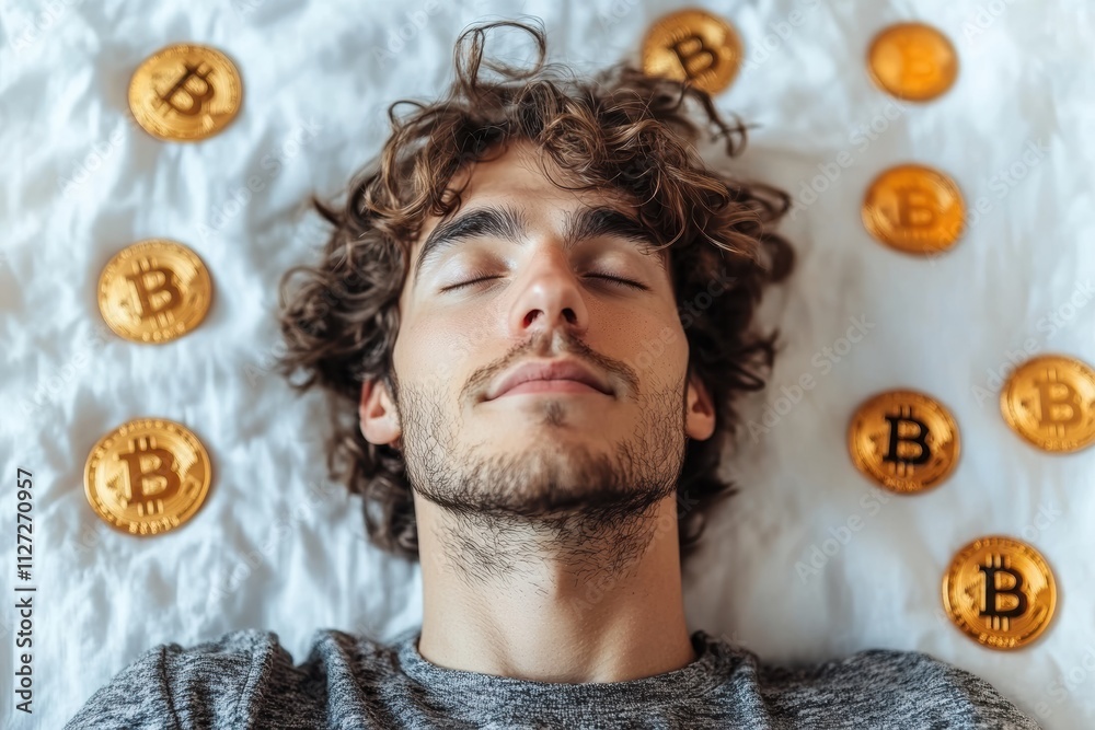 Poster modern man in a contemplative pose with glowing bitcoin tokens floating dynamically around,
