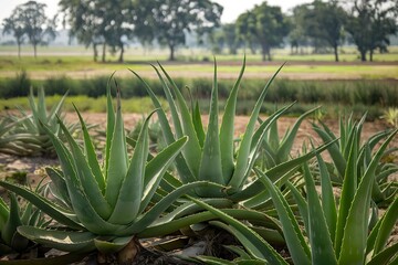 A photo of a plantation field of aloe vera plants