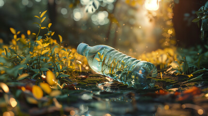 woodland scene with a discarded plastic bottle laying amidst lush greenery, sunlight filtering through the foliage, creating a thought-provoking environmental message