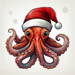 Cartoon style octopus with christmas hat