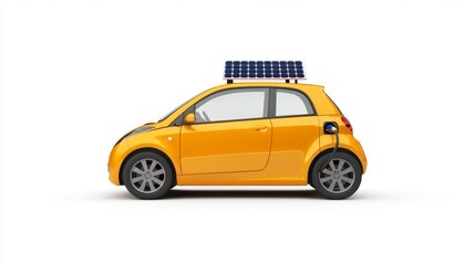 Obraz premium Yellow electric car with solar panel charging.