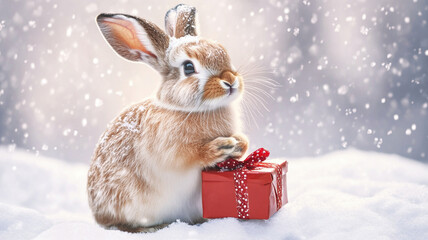 A rabbit for Christmas. Cute rabbit with a red gift box on the background of Christmas snow