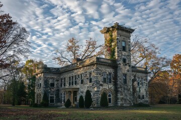 Obraz premium Abandoned Victorian mansion surrounded by autumn foliage under a moody sky evokes mystery and nostalgia in a forgotten landscape