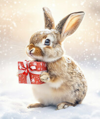 A rabbit for Christmas. Cute rabbit with a red gift box on the background of Christmas snow