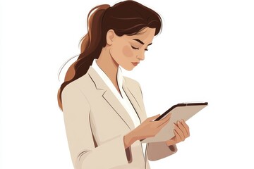 Businesswoman in Beige Suit Using Tablet for Work on White Background