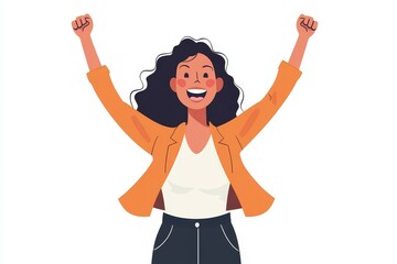 Excited Young Woman Celebrating Success with Raised Arms in Casual Outfit on White Background