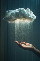 A hand holding a cloud with rain falling from it