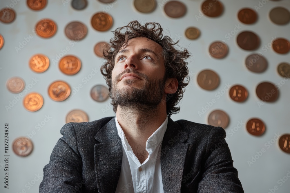 Poster modern man in contemplative pose surrounded by glowing bitcoin tokens, isolated on a clean white bac